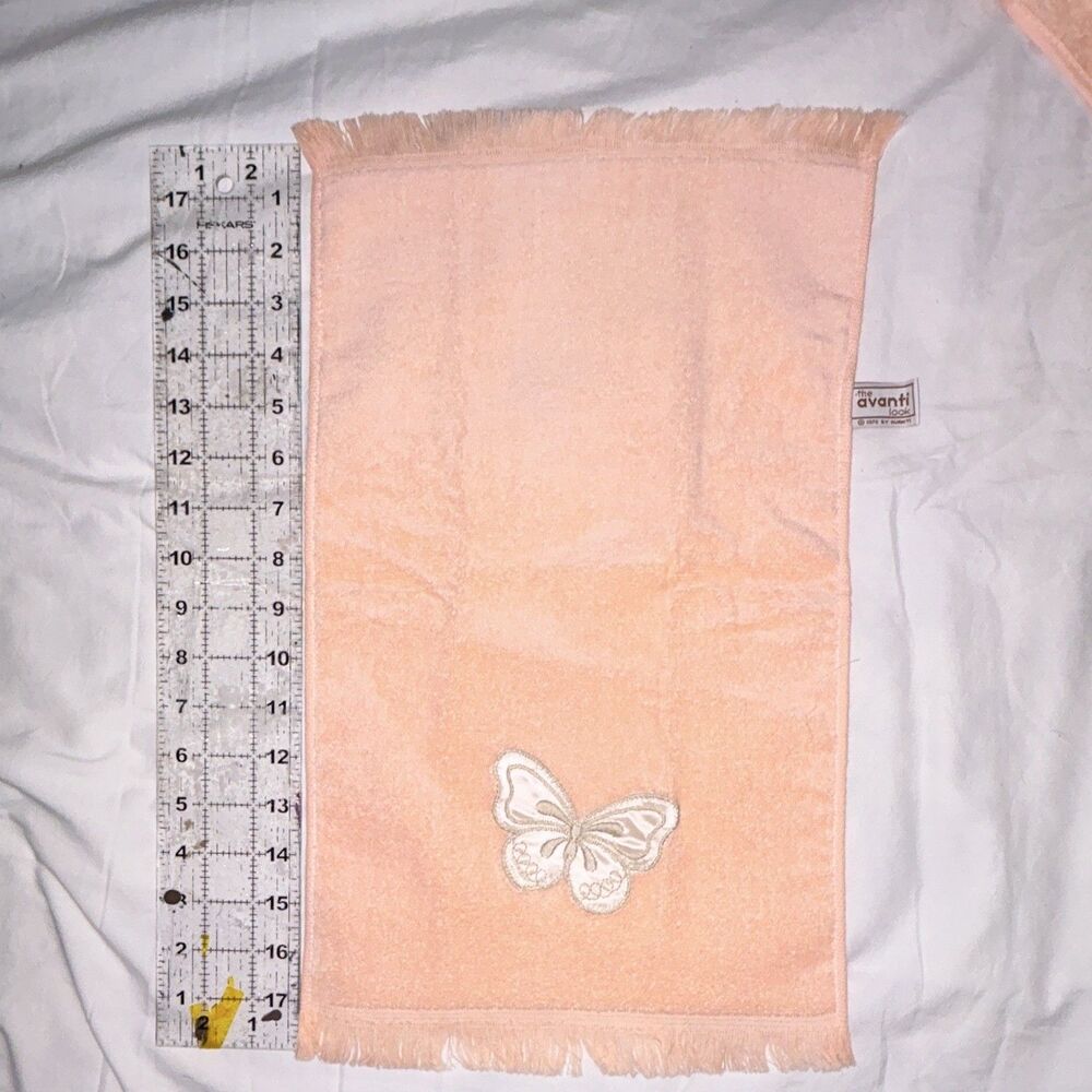 Avanti Peach Cotton Hand Towel Embroidered Butterfly Fringe 7x17 in